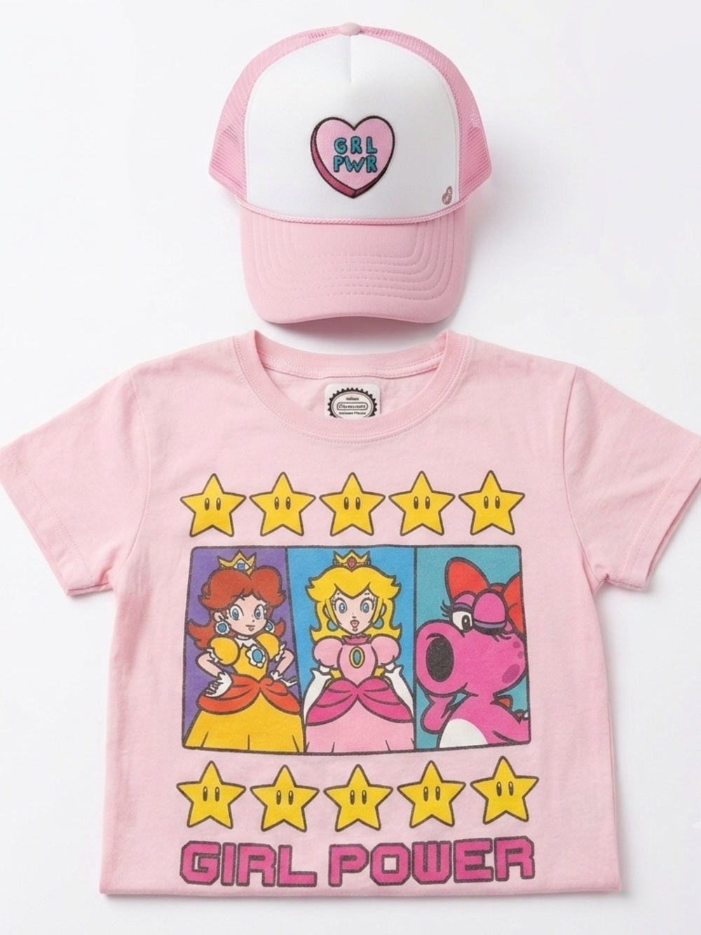 Mother Trucker Co Pink Girl Power Hat & Nintendo Princess Peach Shirt Set (6-7)